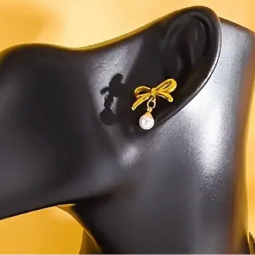 Stylish Gold Bow Earrings with Pearl Accent and matching ring